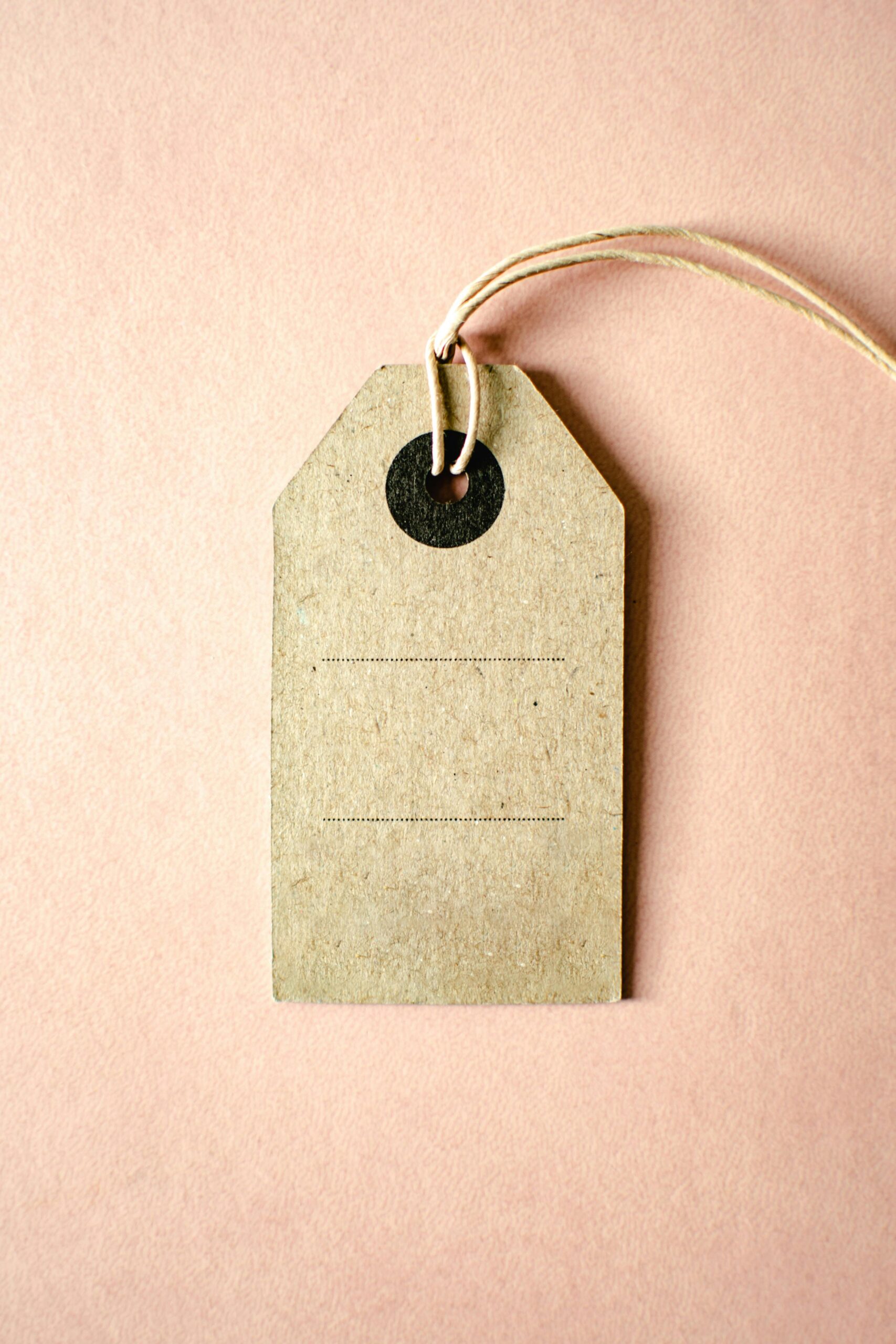 A simple brown paper tag with twine on a pink surface, ideal for product branding.